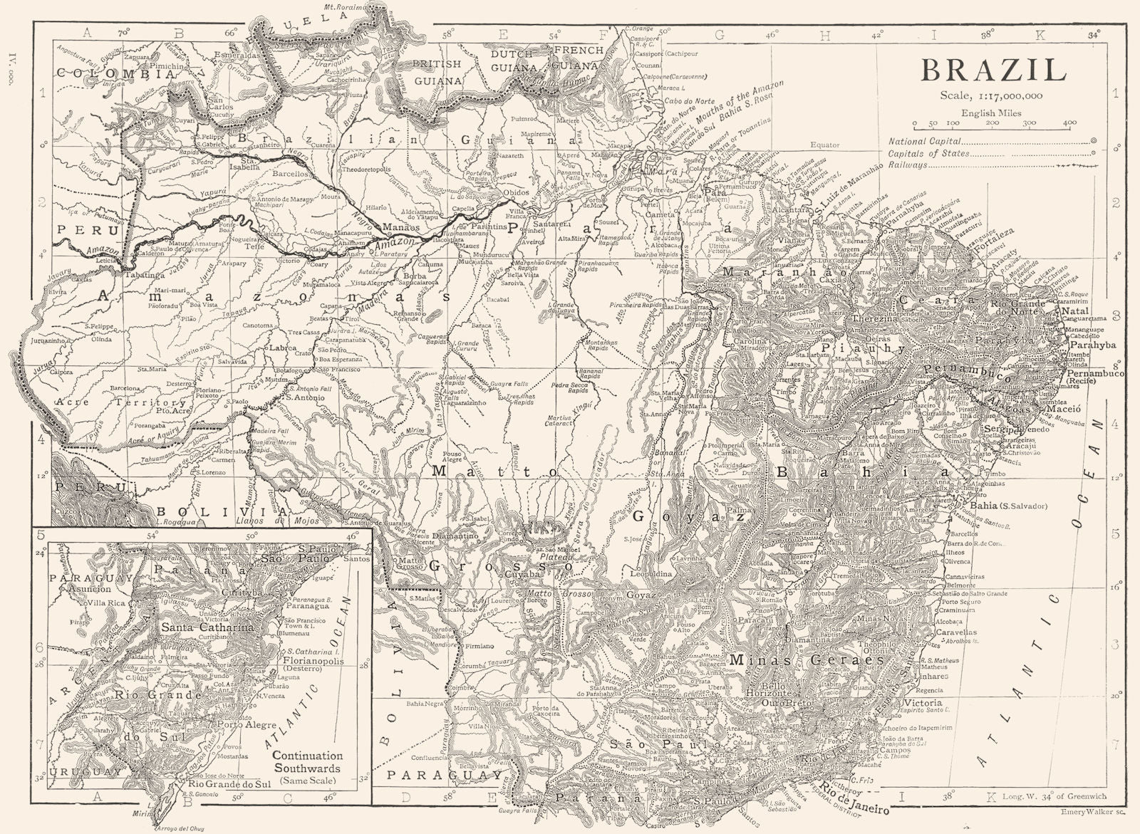 BRAZIL. Brazil map 1910 old antique vintage plan chart